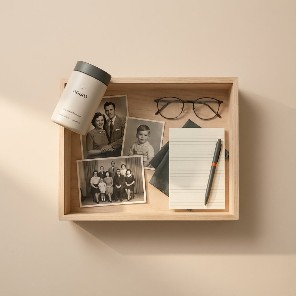 Minimalist flat-lay with a wooden memory box, black-and-white photos, reading glasses, notepad, and Tonum product 'Nouro' — visualizing memory care for Alzheimer's disease.