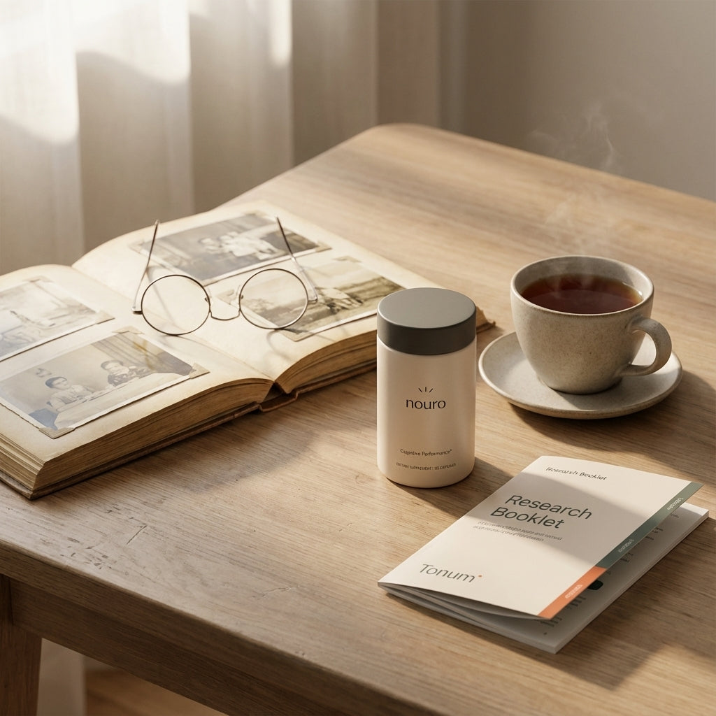 Minimalist still-life with open photo album, reading glasses, ceramic tea cup and Tonum research booklet, evoking memory and care for Alzheimer's disease.