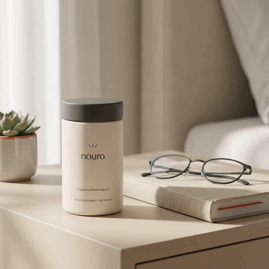 Minimalist bedside scene with Tonum supplement bottle, journal, glasses and plant conveying calm care and planning for Alzheimer's life expectancy