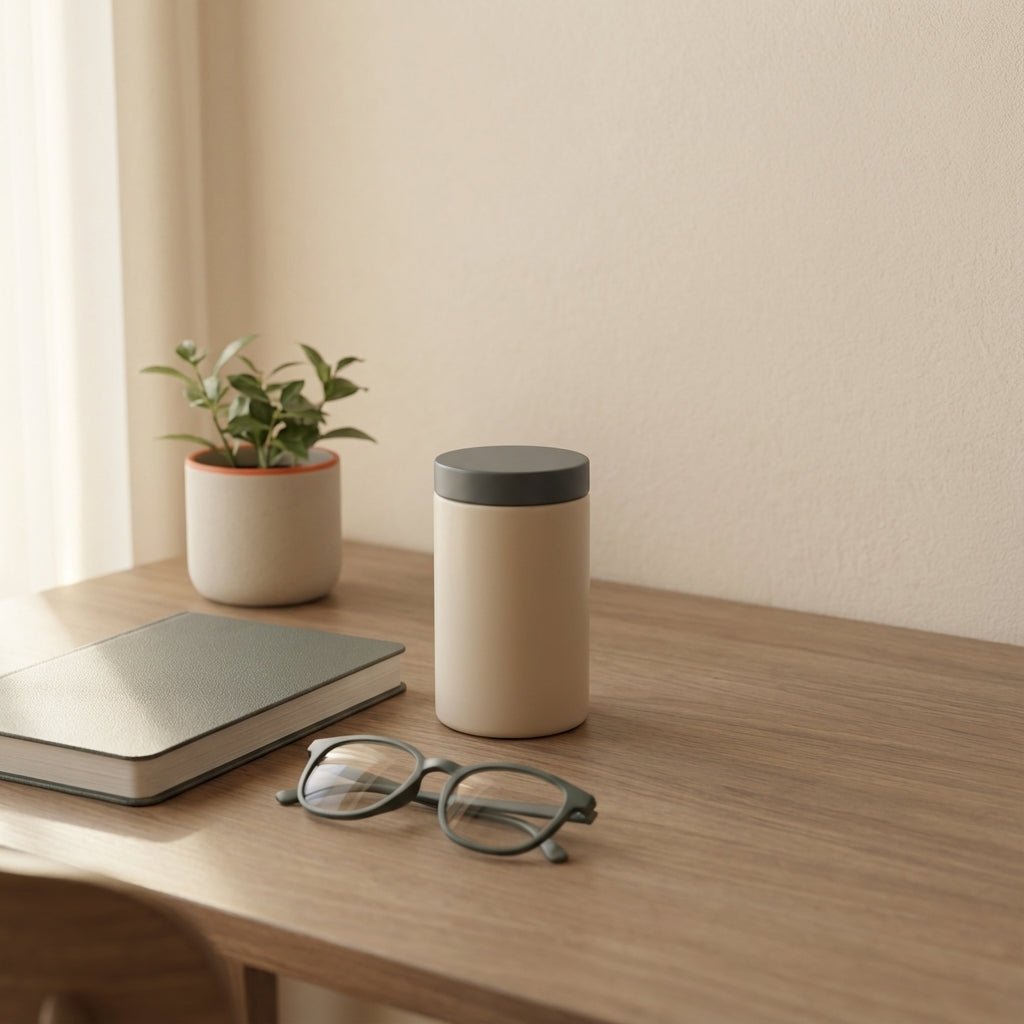 Minimalist study table with a Tonum supplement jar, notebook, glasses and small plant, evoking calm vigilance and Alzheimer's warning signs.
