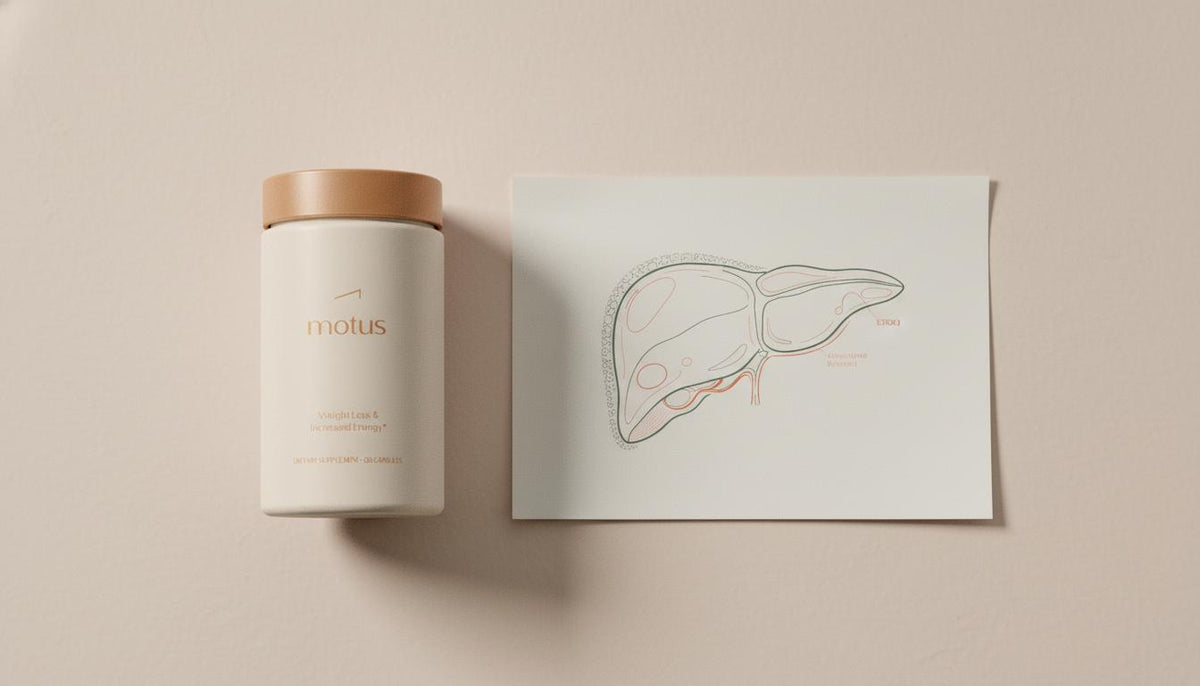 Minimalist clinical flat-lay of a Tonum Motus bottle beside an abstract liver illustration on a beige tabletop, conveying clinical clarity and metabolic focus for amlodipine fatty liver.
