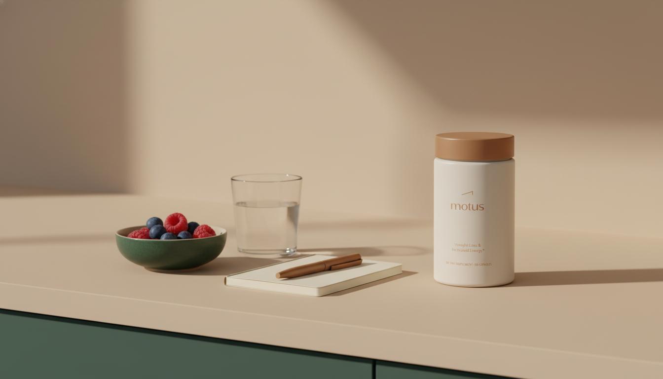 Minimalist kitchen counter hero image showing Tonum Motus container beside a bowl of berries, glass of water and notepad; AMPK activator supplement highlighting daily metabolic health.
