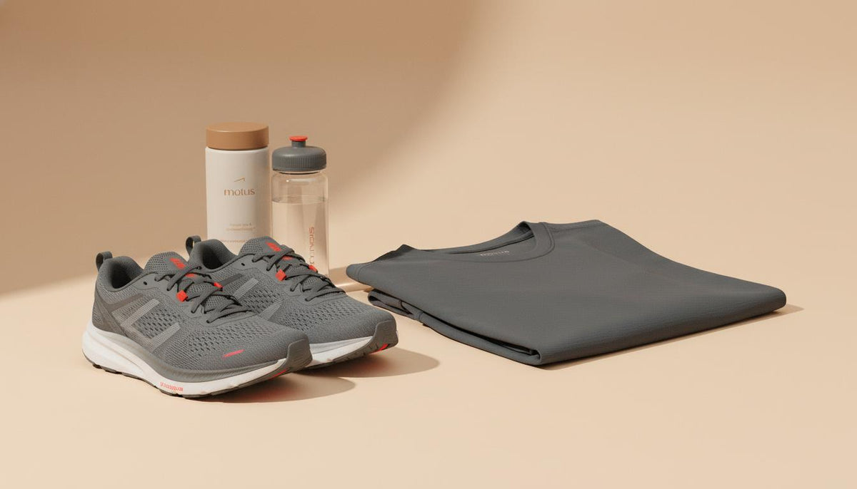 Minimalist still-life of Tonum Motus supplement with running shoes, water bottle and folded tee on beige background evoking motion and AMPK.