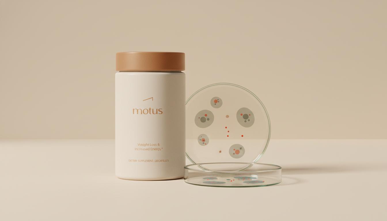 Minimalist still-life of a Tonum Motus supplement bottle beside a petri dish with stylized cells and mitochondria on a pale beige background, illustrating AMPK side effects.