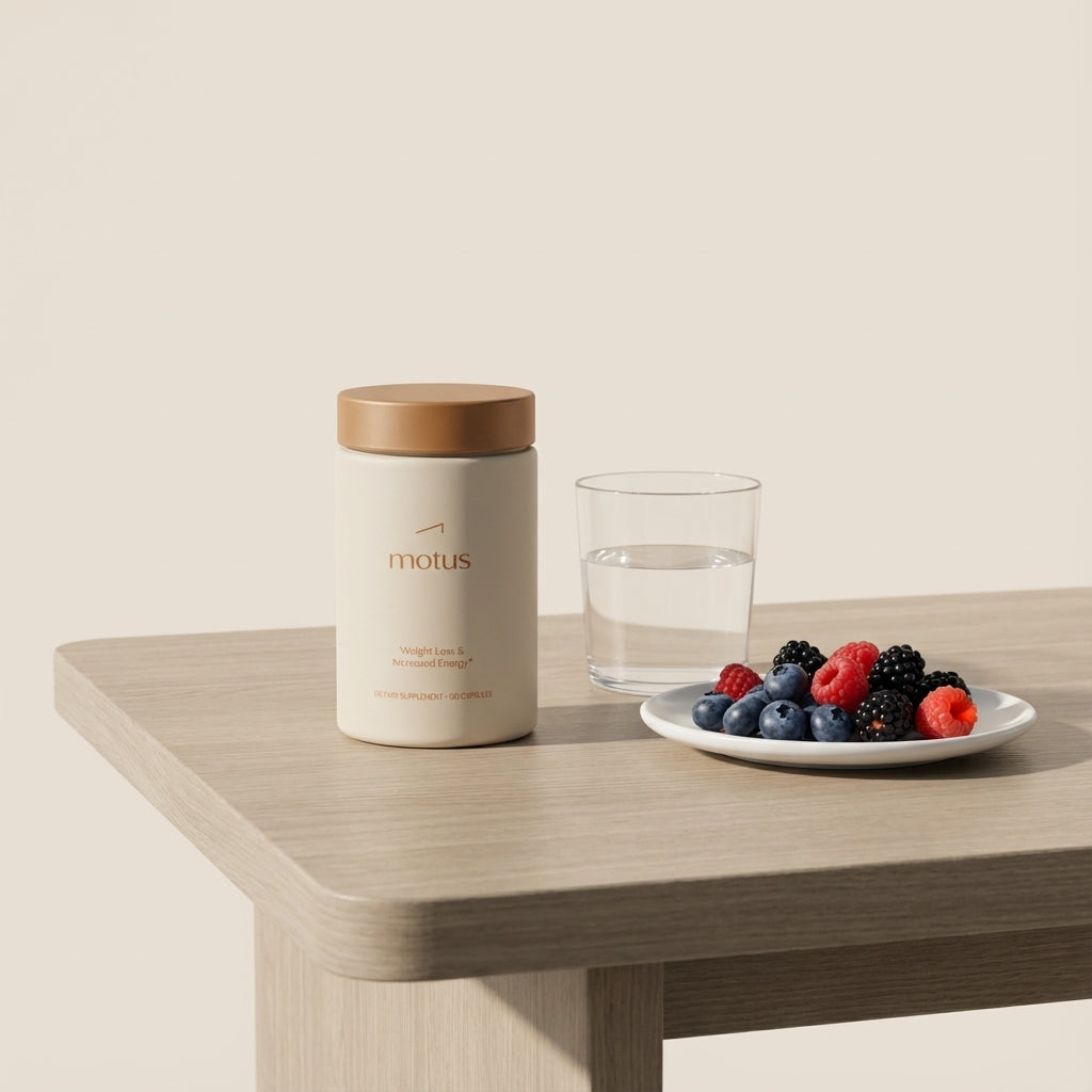 Minimalist tabletop with Tonum Motus container, glass of water and plate of berries on #F2E5D5 background, emphasizing AMPK supplements and evidence-based metabolic support.