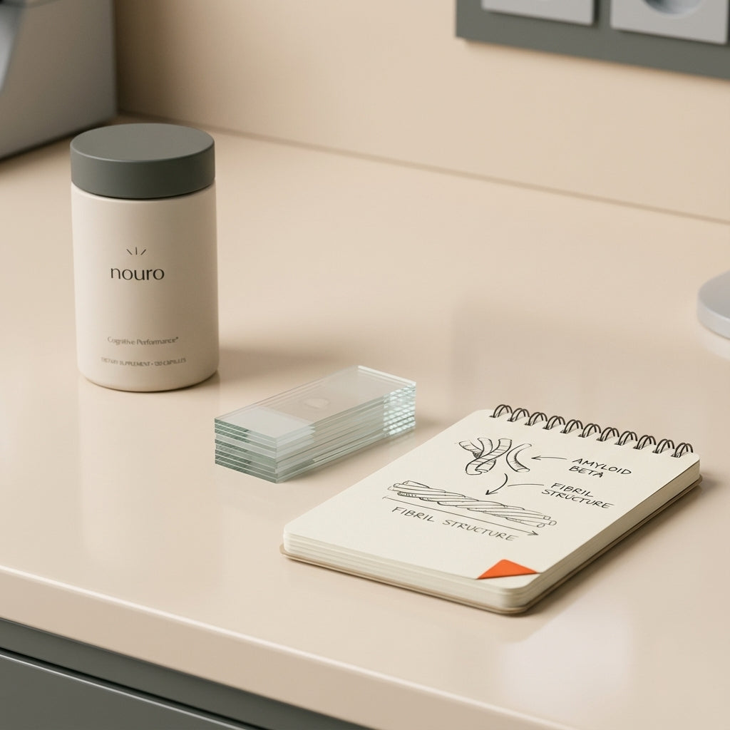 Minimalist lab still-life with layered glass slides, an open notebook showing protein fibril sketches, and a Tonum supplement bottle at the side, conveying amyloid research and calm study.