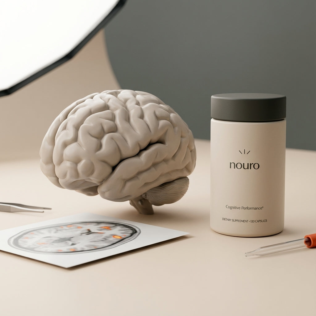 Close-up minimalist still life of a stylized brain model and PET scan slice on a Tonum table with a Nouro supplement jar, evoking amyloid removal and calm clinical care.