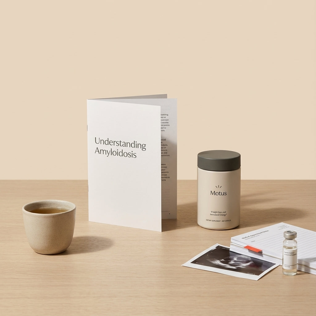 Minimalist clinical desk with open 'Understanding Amyloidosis' brochure, Tonum supplement product, echo printout, tea cup and appointment notes on beige background #F2E5D5 - amyloidosis