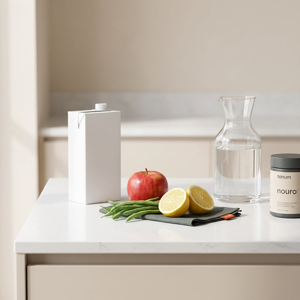 Minimalist kitchen counter with fresh produce, low-sodium broth, water carafe and Tonum product, illustrating practical amyloidosis diet choices.