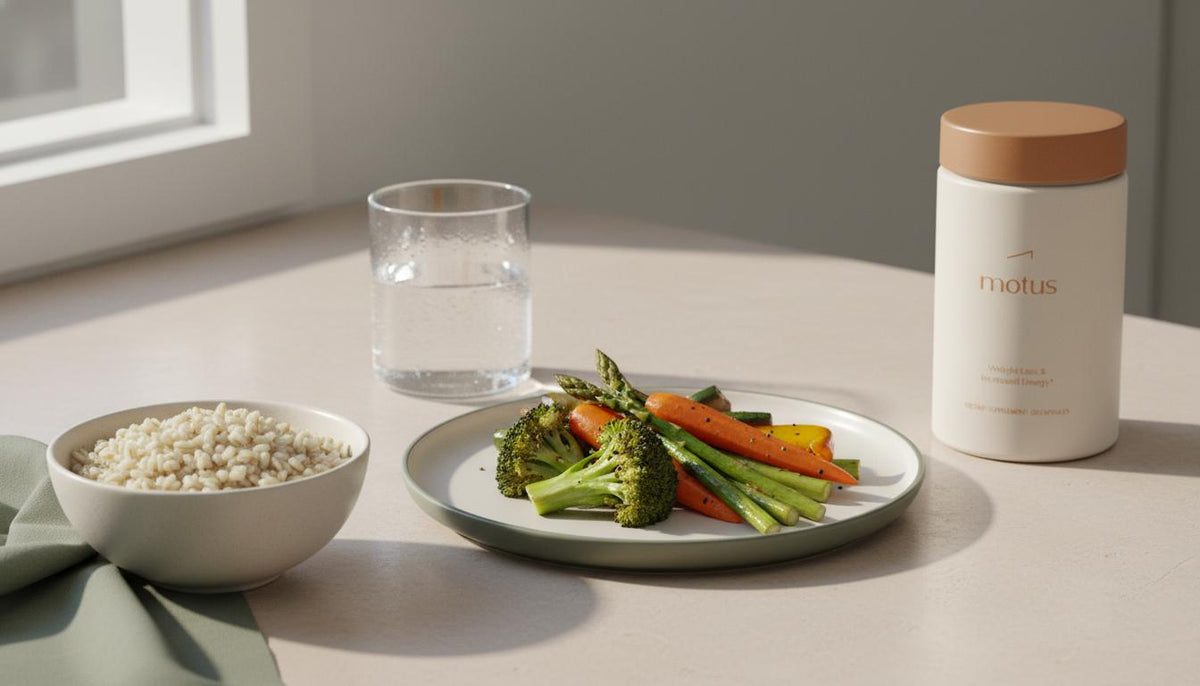 Minimalist still-life of a bowl of barley, roasted vegetables, glass of water and Tonum Motus supplement on a neutral countertop conveying balanced appetite, hydration and nutrition.