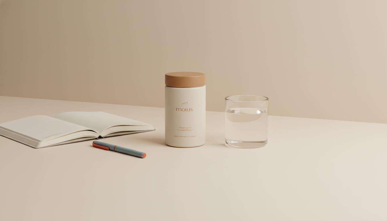 Minimalist tabletop with Tonum Motus container, glass of water and open journal on beige #F2E5D5 background, evoking research-backed appetite suppressant drugs and daily routine.