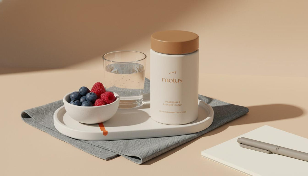Minimalist still-life of the Tonum Motus supplement container on a ceramic tray with a glass of water, mixed berries and notepad on a beige background, conveying appetite suppressant routine.