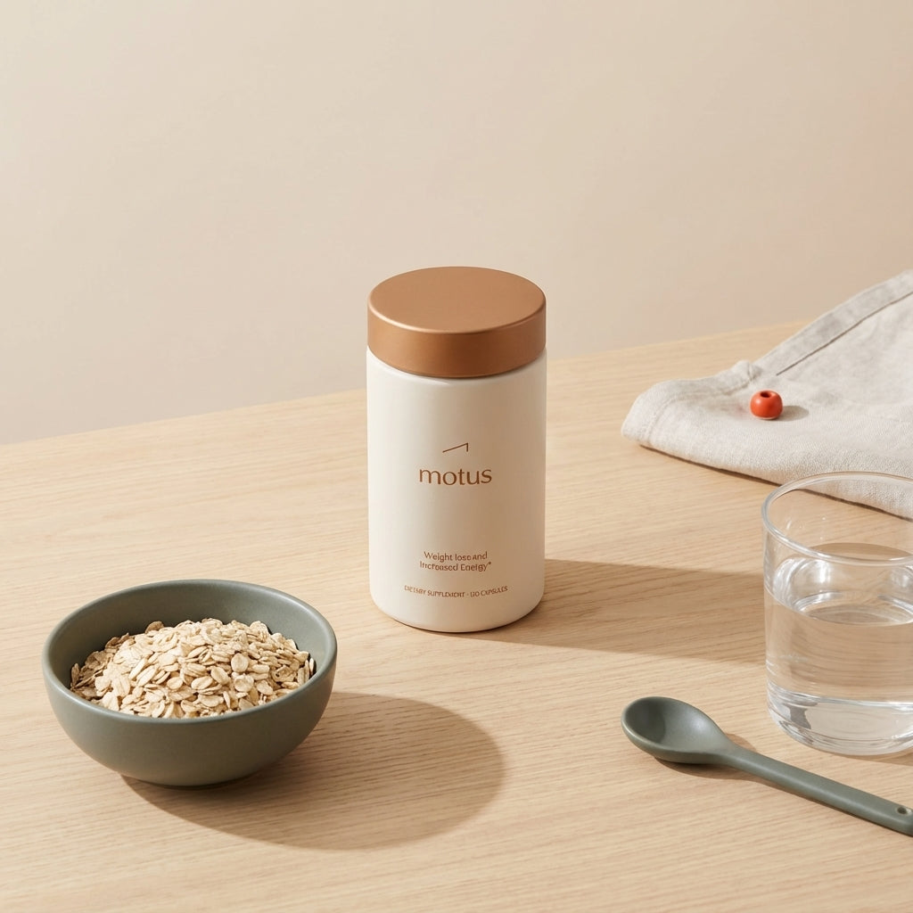 Flat-lay of Tonum Motus supplement container beside oats and a glass of water on a light wooden surface, conveying daily routine and oral convenience for appetite suppressant pills.