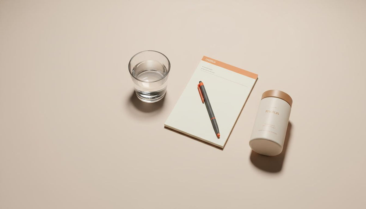 Minimalist still-life of Tonum Motus supplement on beige background beside a glass of water and notepad, illustrating appetite suppressant pills and a daily oral habit.