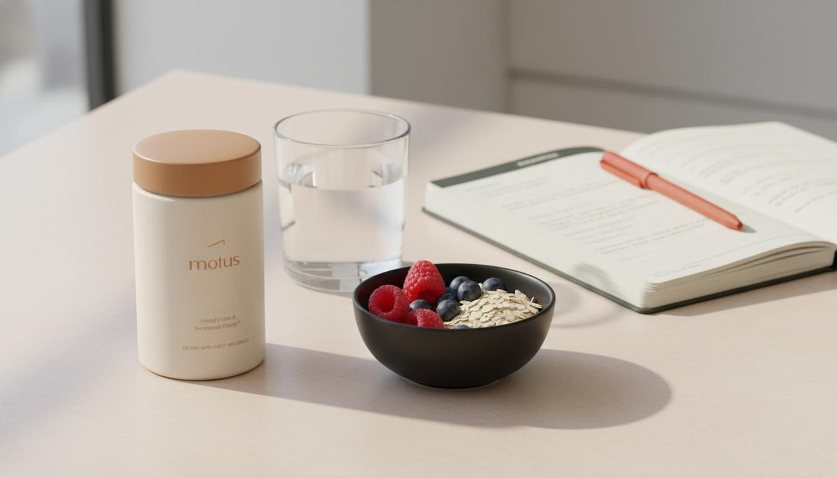 Minimalist clinical photo of Tonum Motus supplement jar on pale beige countertop with berries, oats, glass of water, and lab notebook, emphasizing appetite suppressant pills.