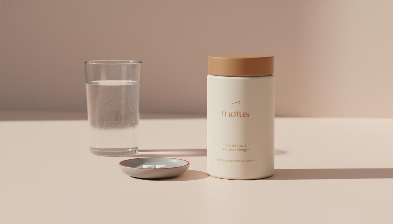 Minimalist Tonum product shot representing appetite suppressant pills on a #F2E5D5 background with neutral props and a subtle #EF5023 accent, full-frame composition.