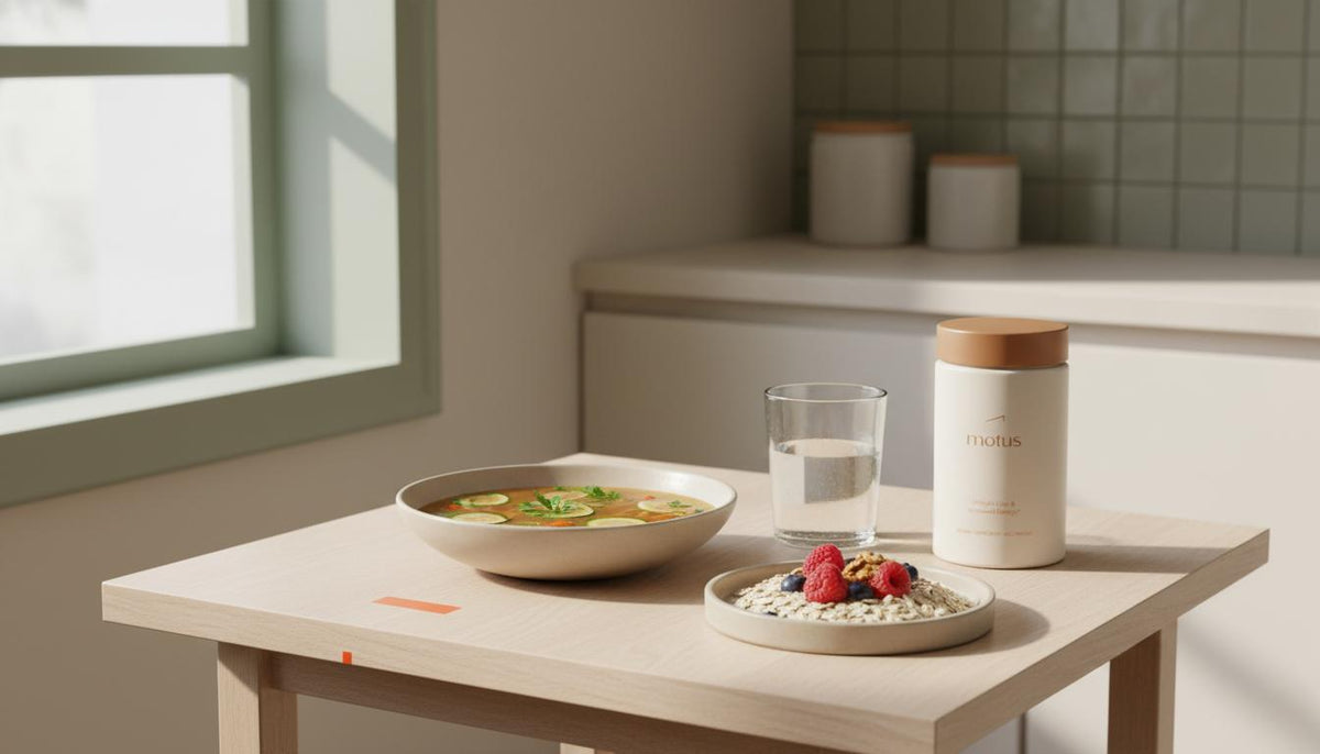 Minimalist still-life of broth-based vegetable soup, a glass of water, oats with berries and a Tonum Motus supplement container on a small table in a warm clinical kitchen — appetite suppressant supplements