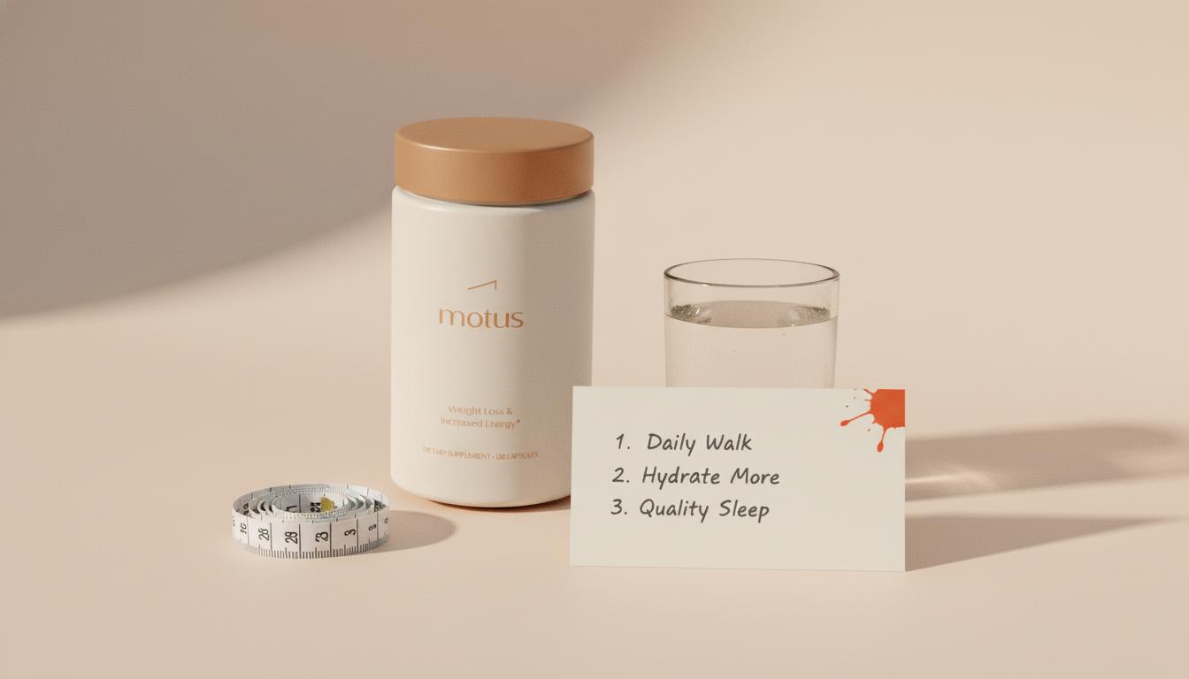 Minimalist still-life of Tonum supplement bottle with measuring tape, handwritten goals card and glass of water on beige background, illustrating appetite suppressants FDA approved choices.