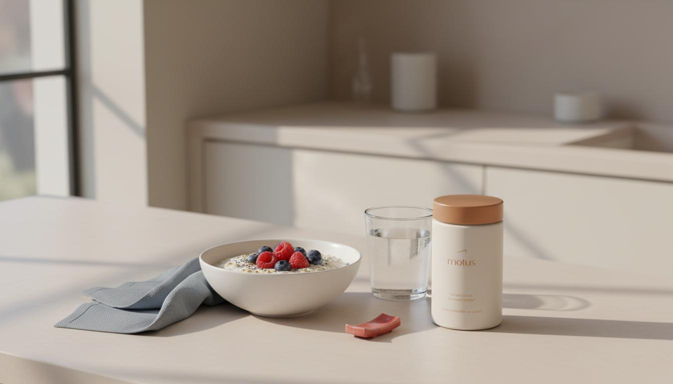Minimalist kitchen counter with Tonum Motus supplement next to a bowl of oats and a glass of water, evoking appetite suppressants and healthy morning routine.