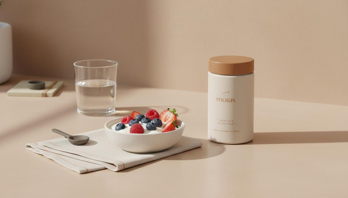 Minimalist kitchen counter with Tonum Motus supplement container, glass of water, bowl of Greek yogurt with berries and folded napkin — calm clinical lifestyle still life about appetite suppressants.