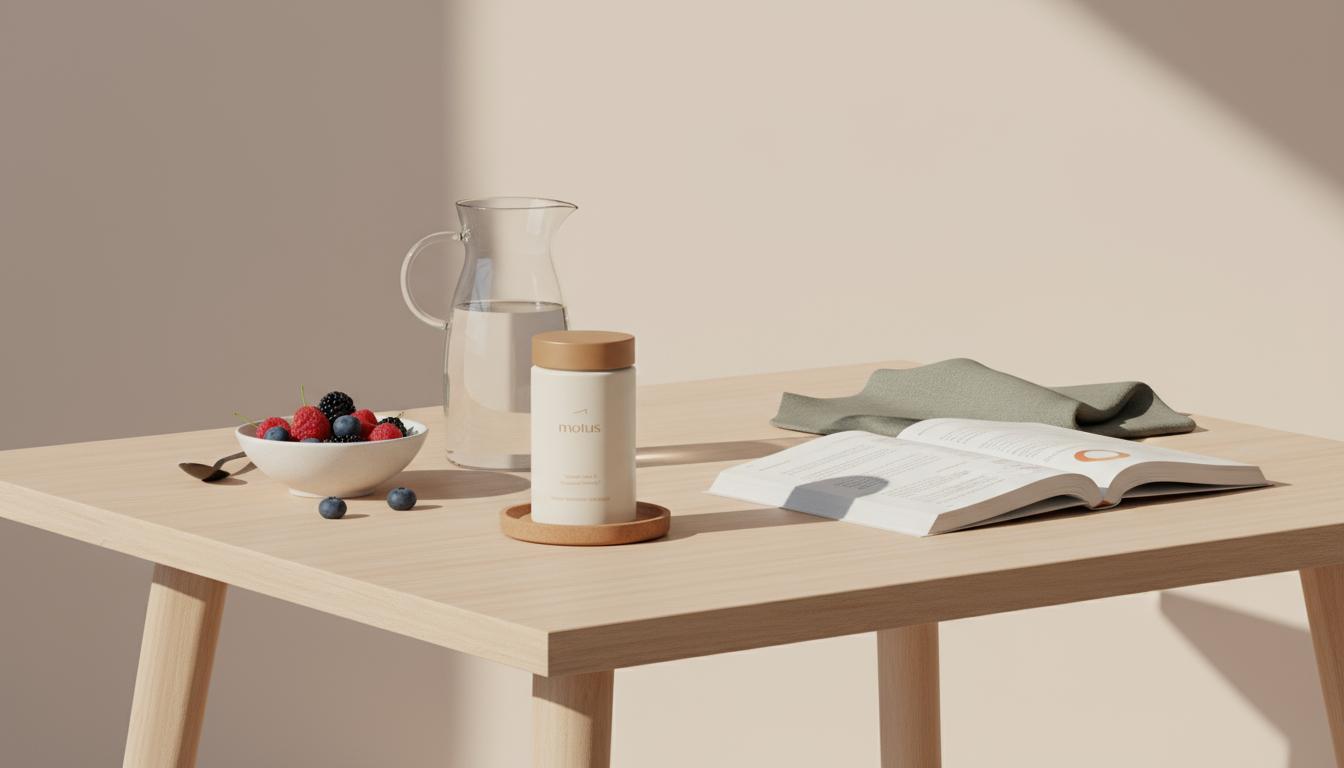 Minimalist breakfast scene with Tonum Motus supplement jar, glass carafe, bowl of berries and open research journal on light wood — appetite suppressants