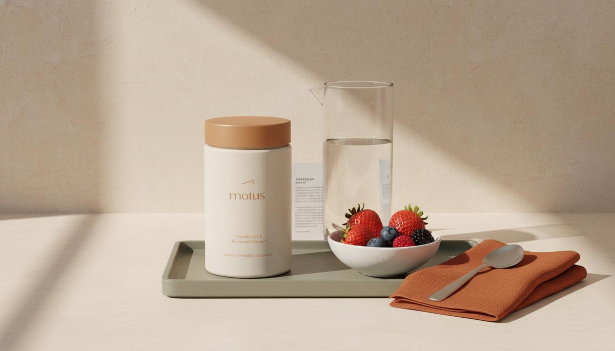 Minimal kitchen counter scene with Tonum Motus container beside a carafe of water and bowl of berries, representing appetite suppressants in a calm, clinical lifestyle composition.