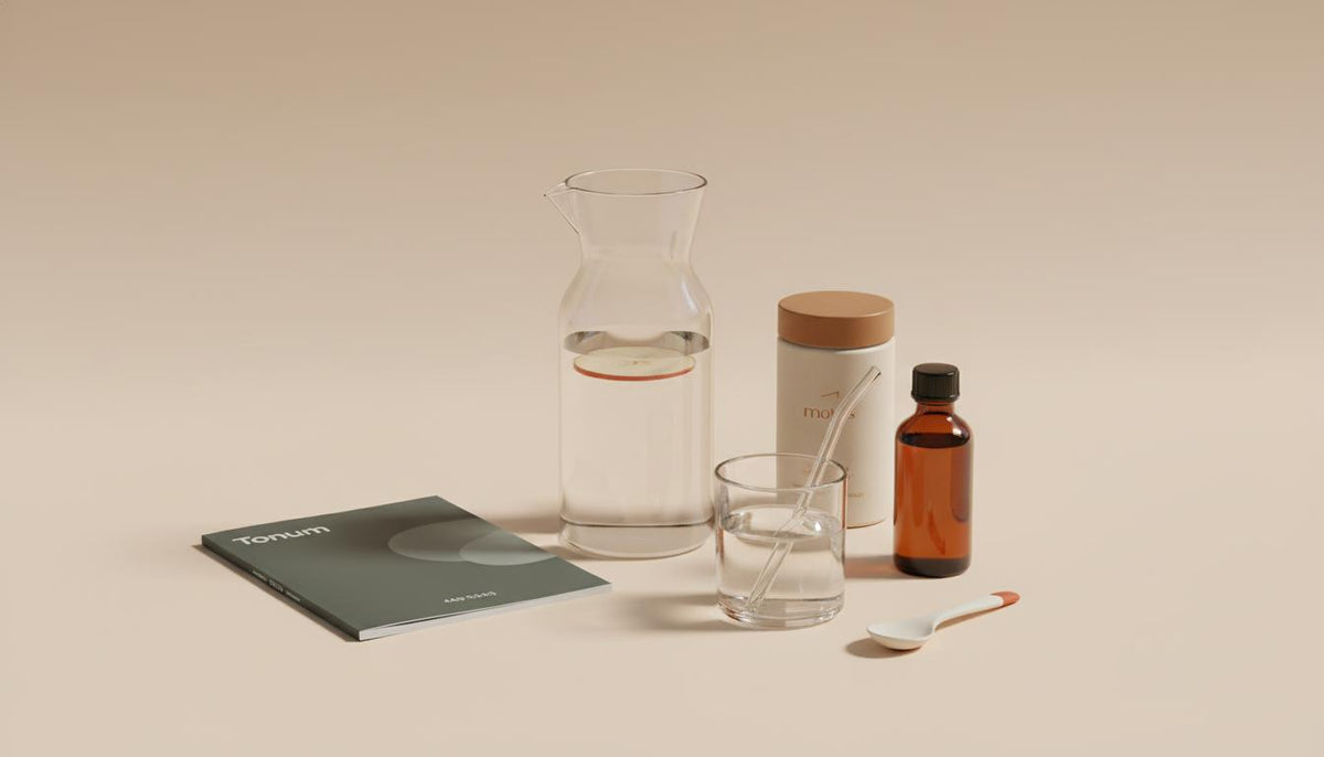 Minimalist still-life of apple cider vinegar bottle, carafe with apple slice, diluted ACV glass, and Tonum research booklet illustrating apple cider vinegar blood sugar