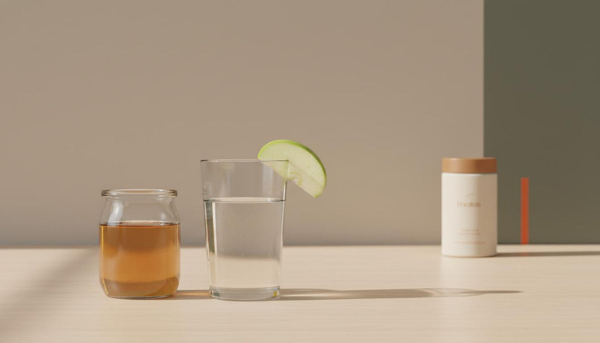 Minimal still life of a cloudy apple cider vinegar jar next to a glass of water with an apple slice on a light wooden counter, highlighting apple cider vinegar insulin sensitivity.