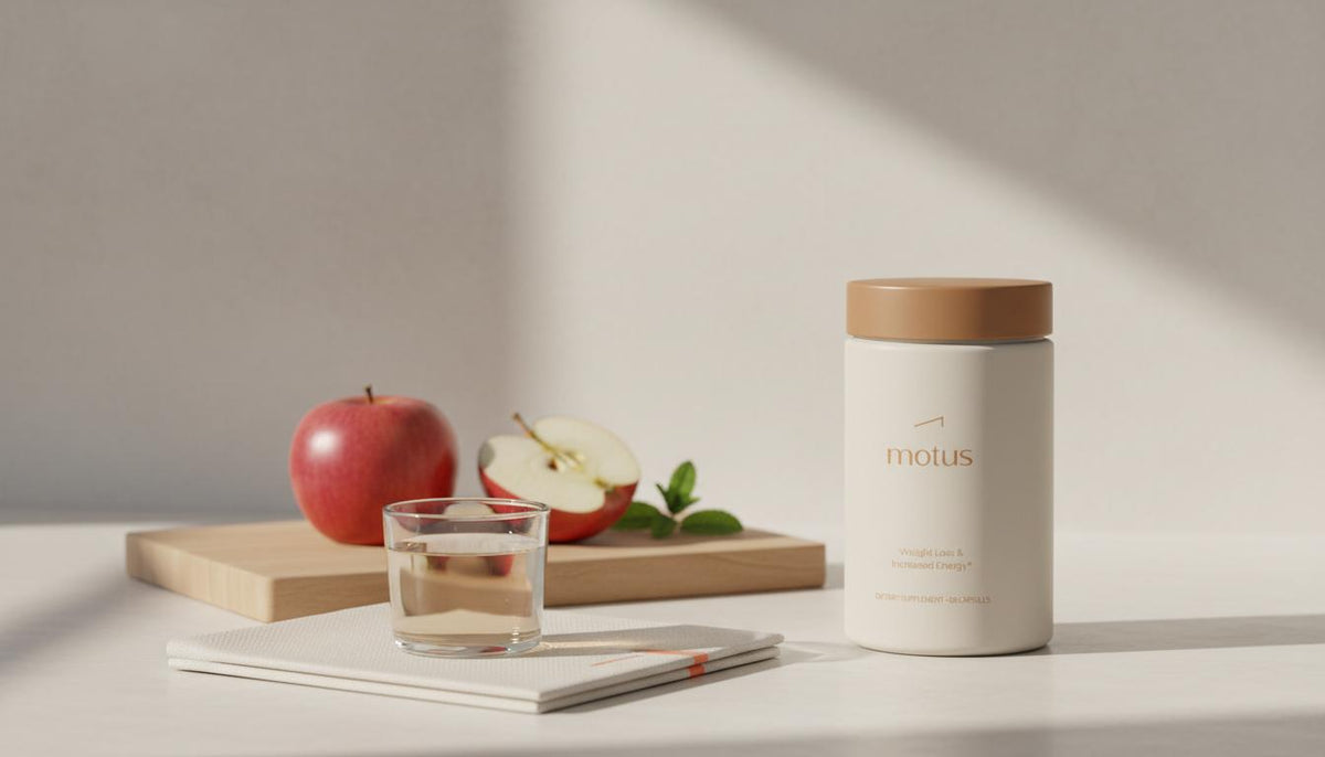 Minimalist kitchen counter with a small glass of diluted apple cider vinegar beside a Tonum Motus supplement jar and a wooden cutting board with apple and mint.