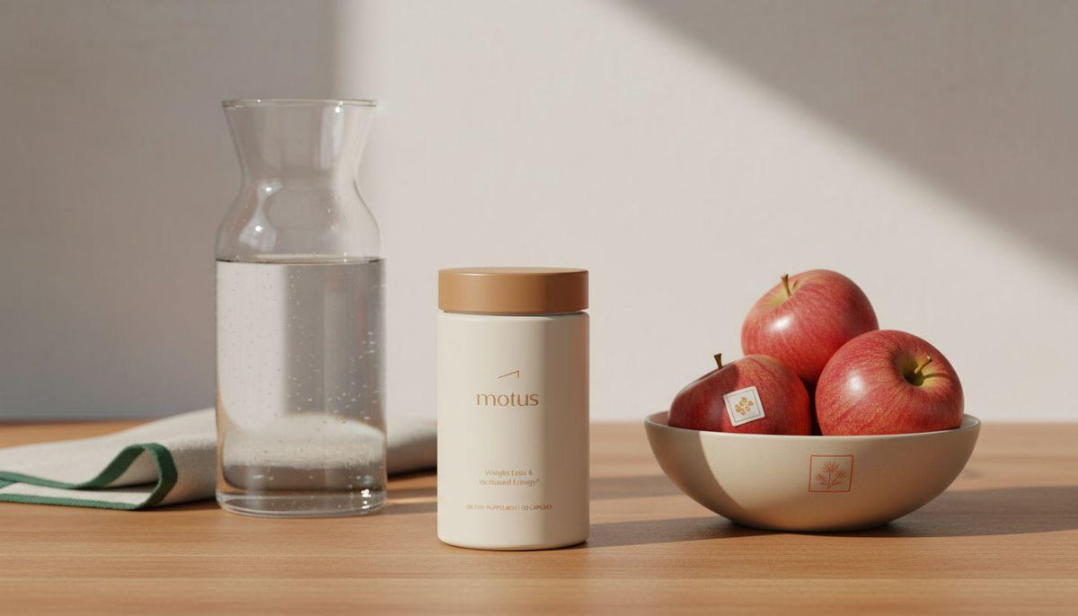 Minimalist kitchen counter with Motus supplement jar beside a glass carafe and a bowl of apples, conveying a calm daily wellness habit featuring an apple cider vinegar pill.