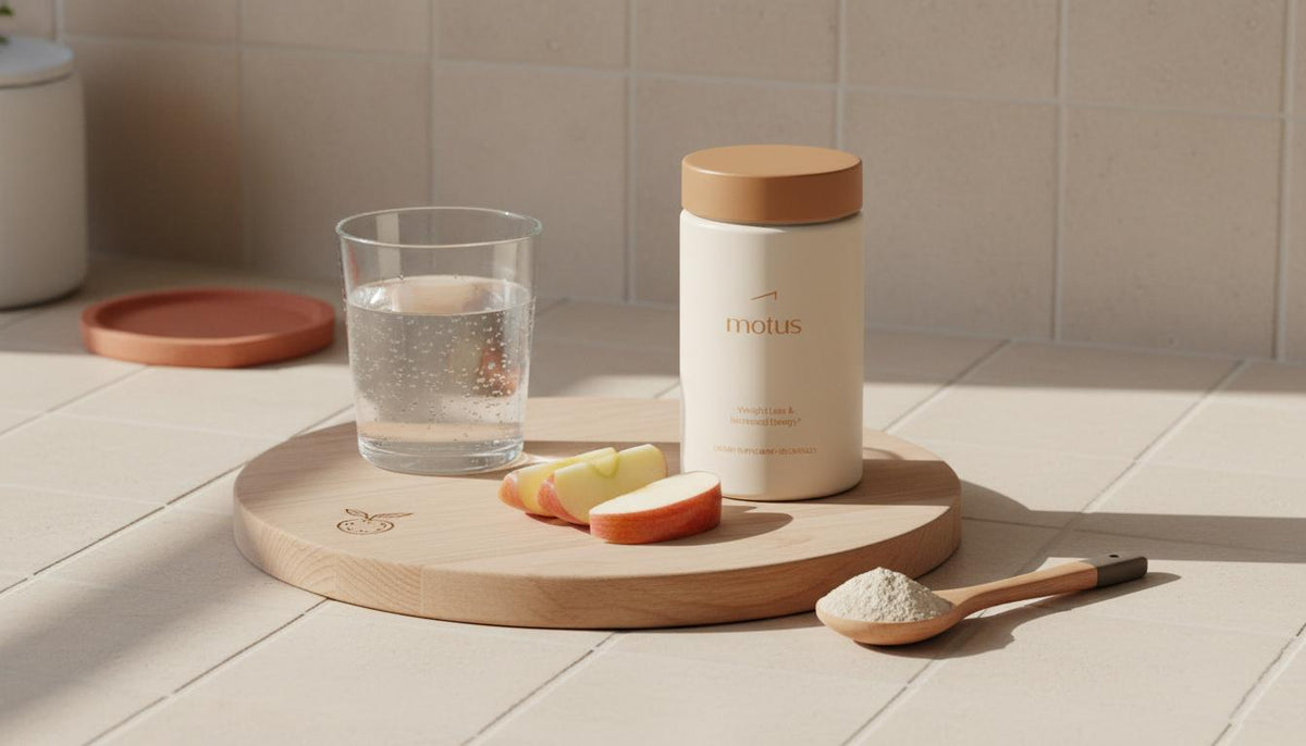 Minimalist kitchen scene with Motus supplement jar beside sliced apple, powdered apple cider vinegar spoon and glass of water for apple cider vinegar pills weight loss