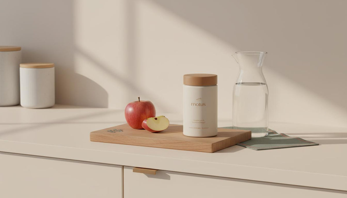 Minimal kitchen scene with Tonum supplement jar beside sliced apple and glass carafe on a wooden board, soft beige background — apple cider vinegar pills
