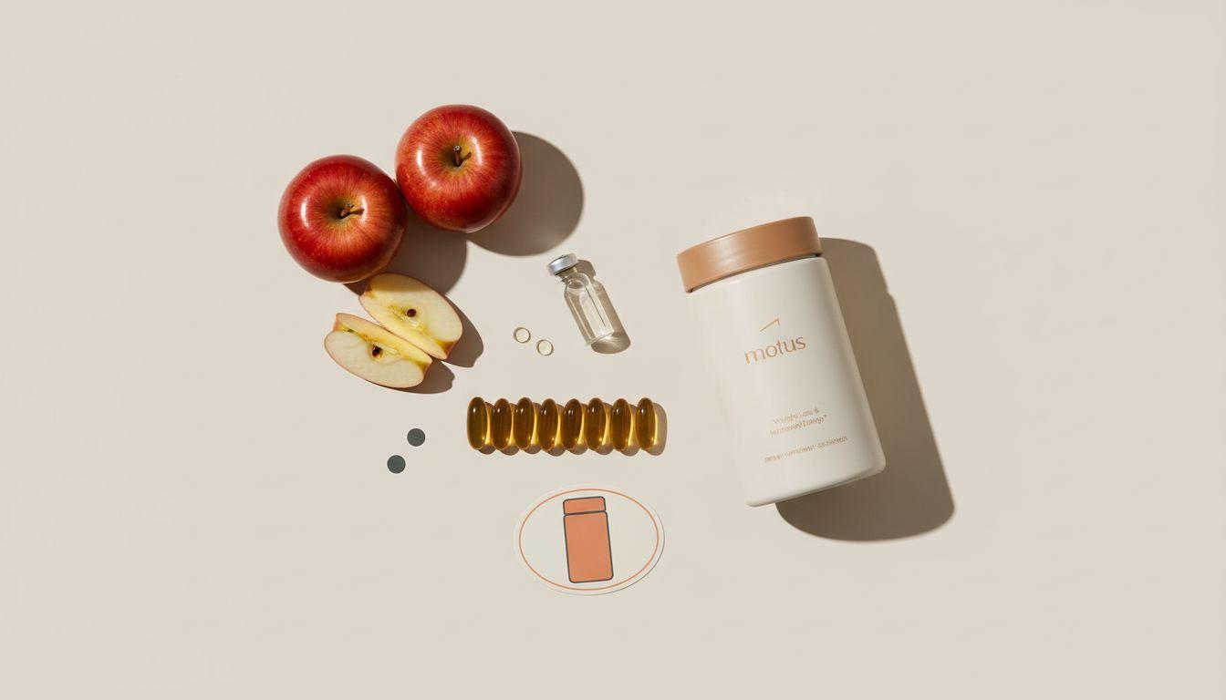 Flat-lay of sliced apples, a neat row of amber softgel capsules and a small clear vial beside a minimalist Tonum jar silhouette, suggesting apple cider vinegar pills.