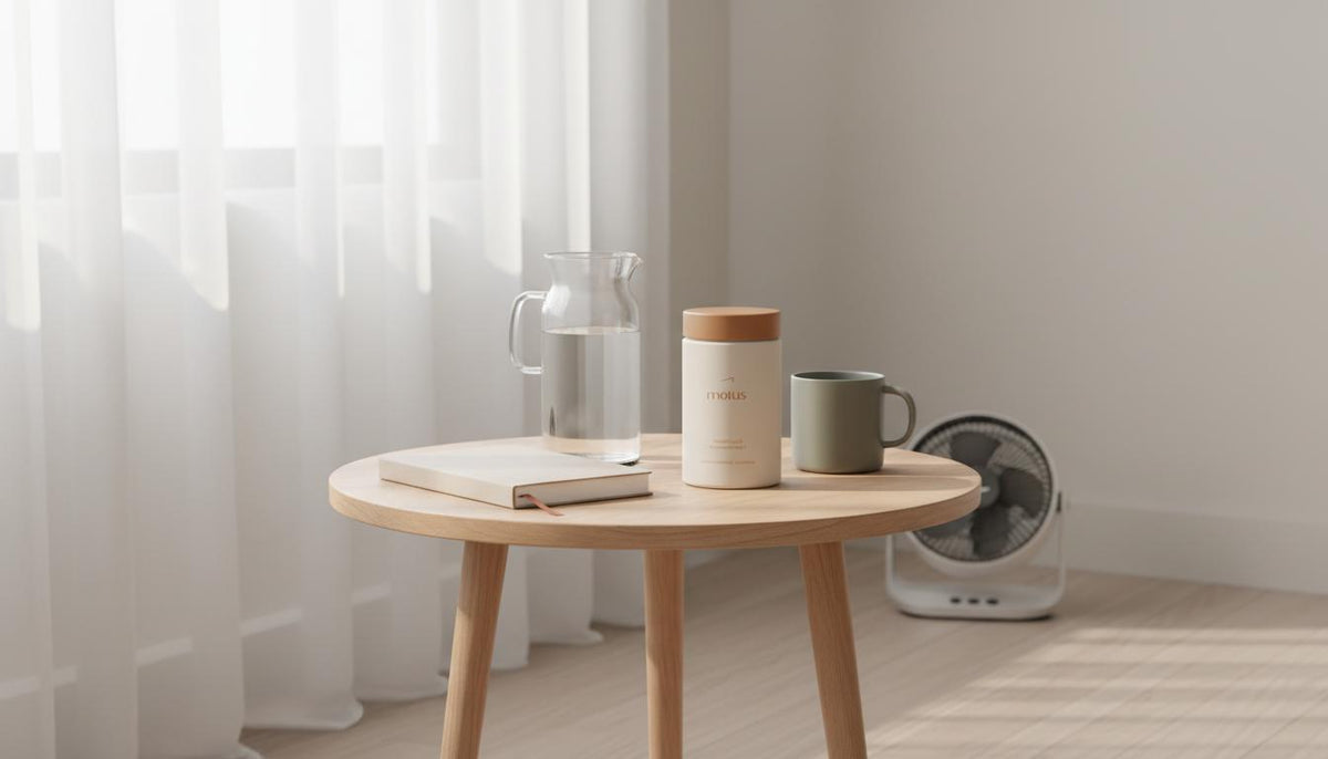 Minimal lifestyle photo of a Tonum 'Motus' supplement jar on a wooden side table with carafe, mug and closed journal in a softly lit corner; apple cider vinegar tablets.