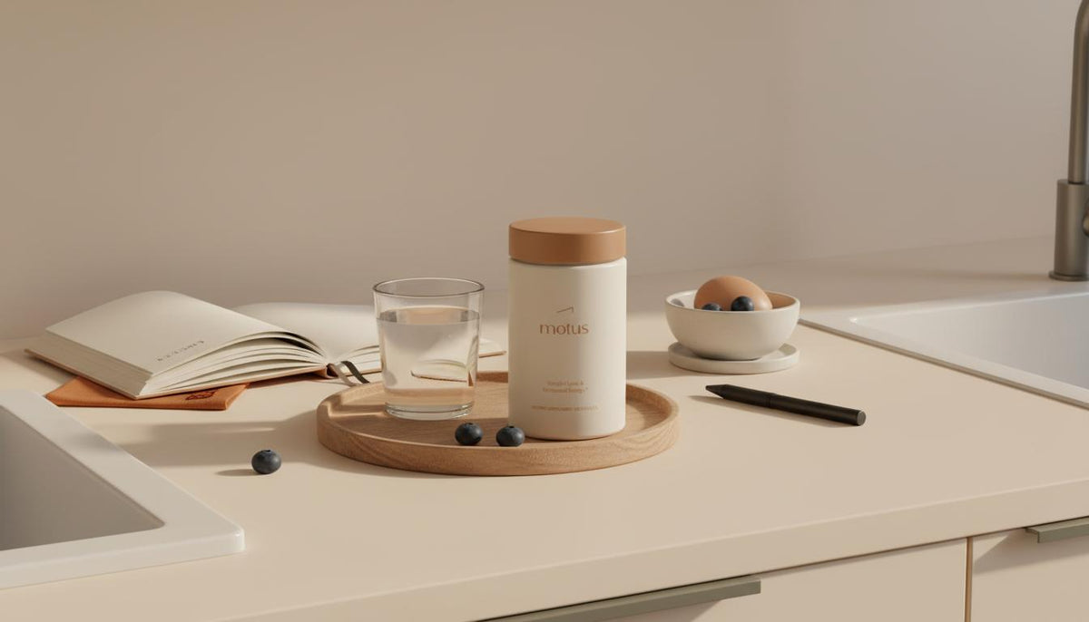Minimalist kitchen scene with Tonum Motus jar, glass of water, notebook and bowl with egg and berries on a wooden tray — are amino acids worth taking