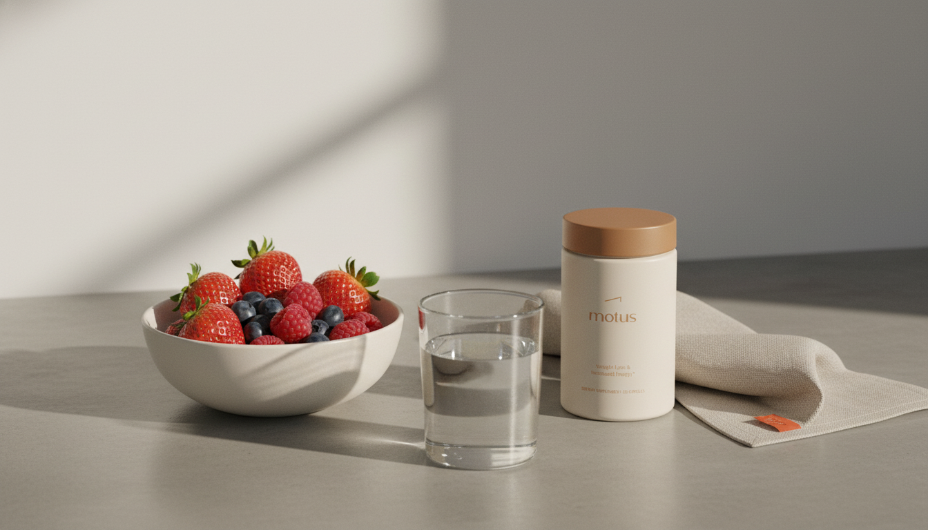 Minimalist kitchen scene with a bowl of berries, Tonum Motus supplement container and a glass of water on a linen napkin — are protein shakes bad for you
