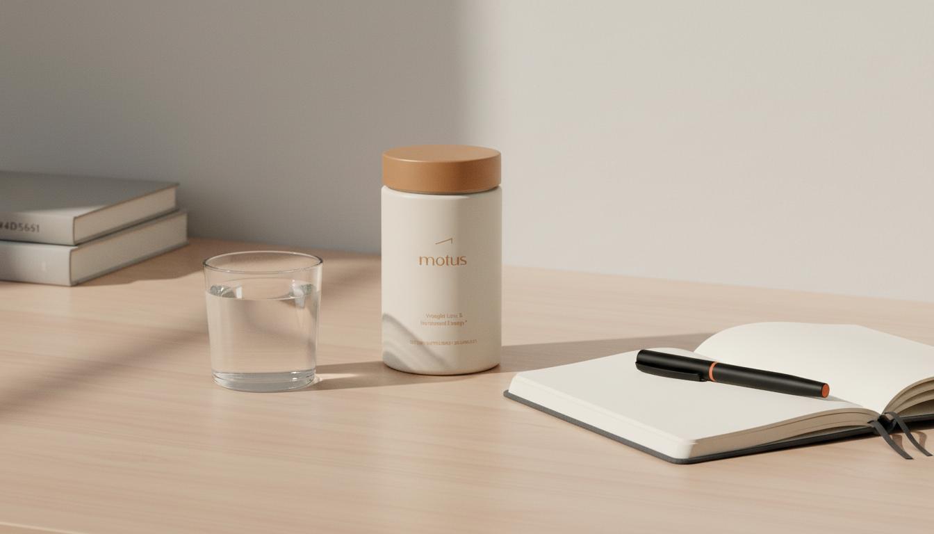 Minimalist full-frame photo of Tonum Motus container beside a glass of water and open notebook on a wooden table, soft natural light; are weight loss pills safe
