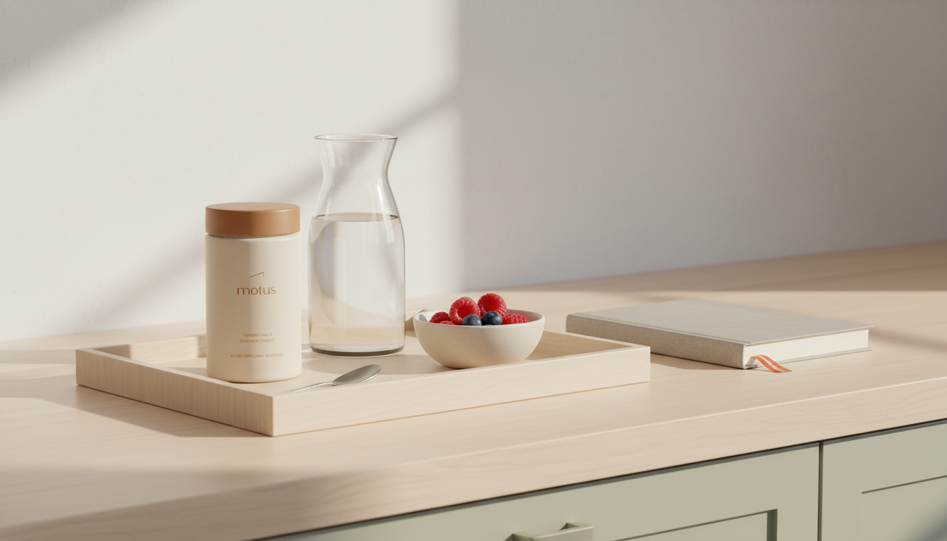 Minimalist kitchen counter with Tonum Motus supplement jar on a wooden tray beside a glass carafe, bowl of berries and closed journal in soft morning light, promoting ashwagandha for weight loss.