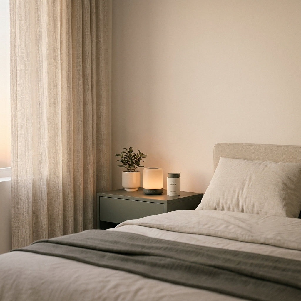 Minimalist dusk bedroom with neatly made bed, nightstand with glowing sound machine, potted plant, textured curtains and Tonum product on the nightstand — At what age can early-onset Alzheimer's start?