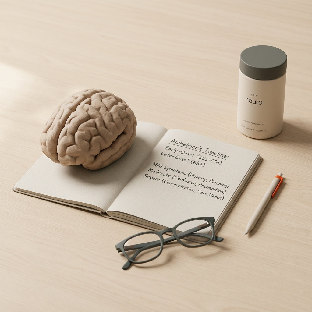 Clay brain model, notebook with brief symptom timeline, reading glasses and Tonum Nouro bottle on beige desktop illustrating At what age does Alzheimer's start?