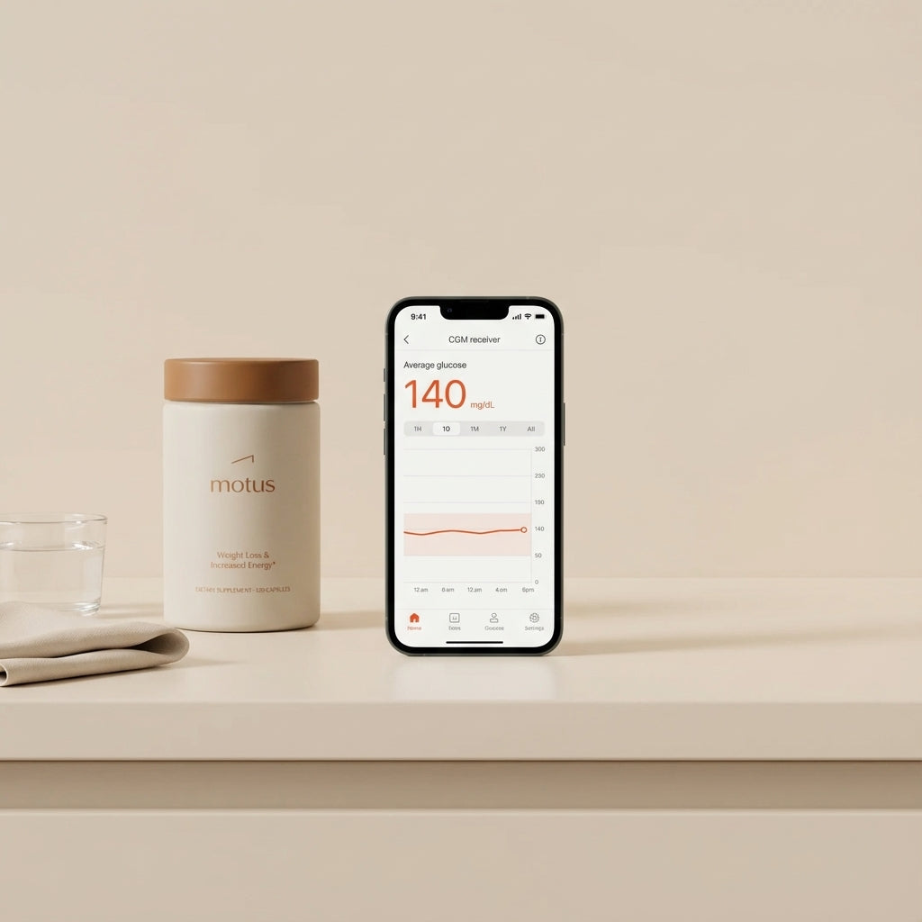 Minimalist kitchen counter with a smartphone CGM app showing average glucose 140 mg/dL beside a Tonum Motus container, illustrating average blood sugar to A1C