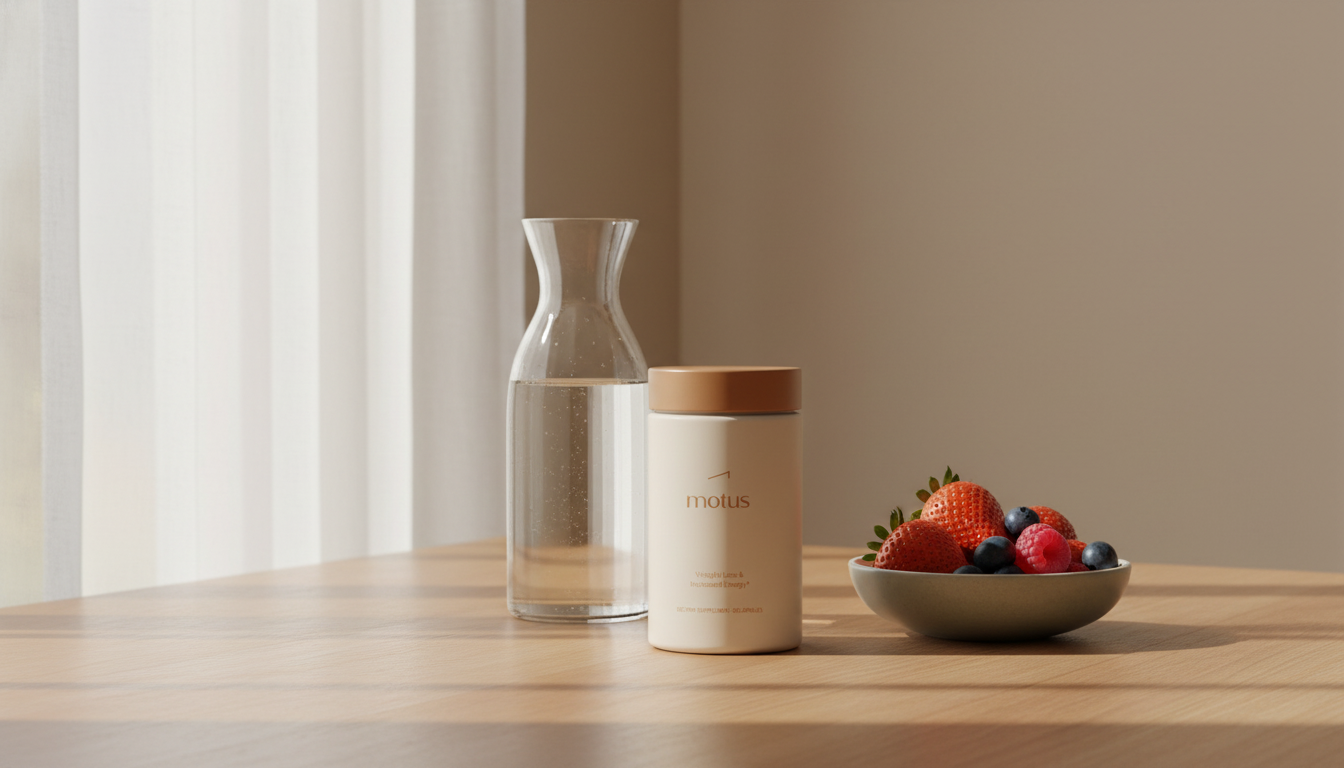 Minimalist morning scene: Tonum Motus jar beside glass carafe and bowl of berries on wooden tabletop with #F2E5D5 background — B12 injections weight loss