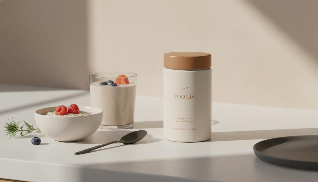 Minimalist kitchen counter with Tonum Motus container next to a prepared protein shake, small bowl of oats and berries — best protein powder for meal replacement