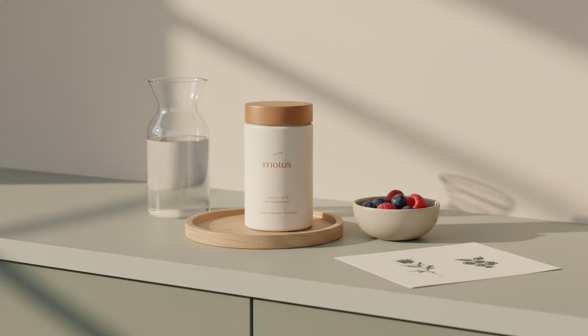 Minimalist kitchen counter with Motus supplement jar, carafe of water and bowl of berries; best weight loss pill label visible