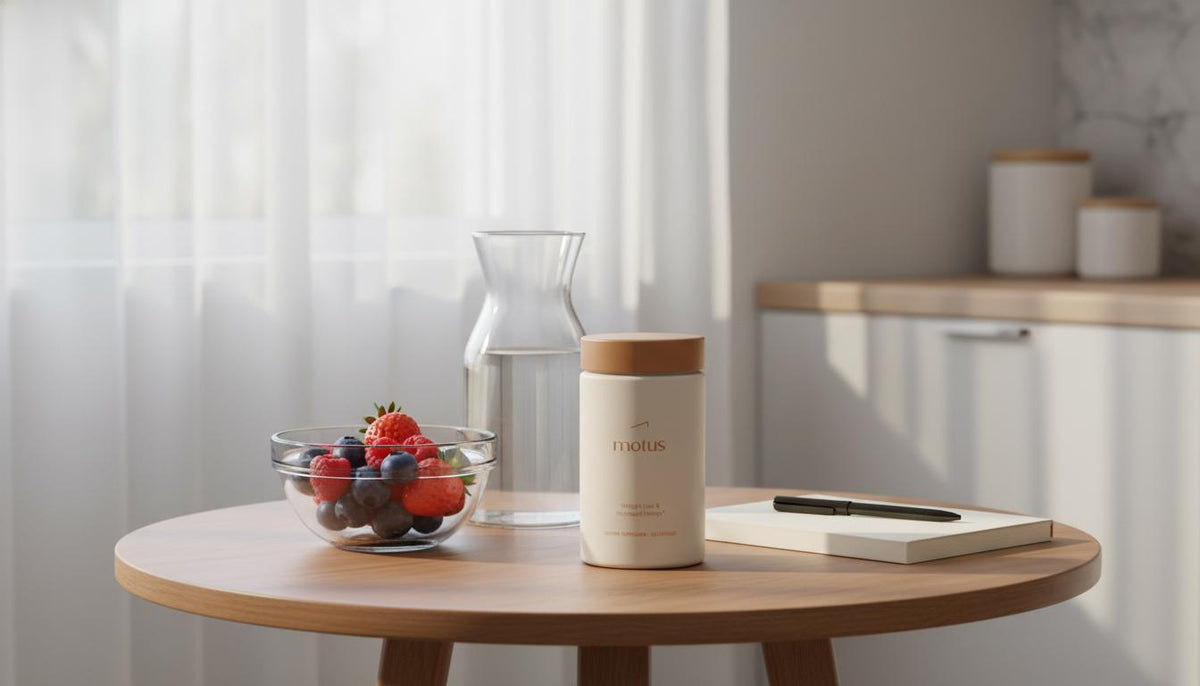 Minimalist morning kitchen scene with Tonum Motus supplement jar on a round wooden table beside a bowl of berries, glass carafe, and journal — metabolism boosters for women