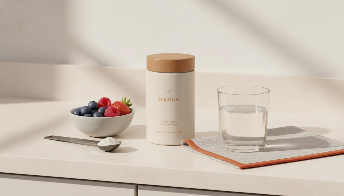 Minimalist kitchen counter with Tonum Motus supplement next to a bowl of berries, measuring spoon, and glass of water, illustrating how high protein help lose belly fat.