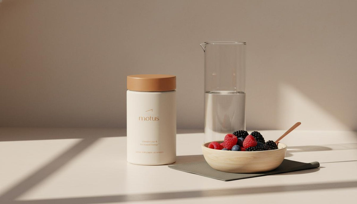 Minimalist kitchen counter with Tonum Motus supplement jar, bowl of berries and water carafe highlighting the most scientifically studied supplement in a calm, scientific lifestyle scene.