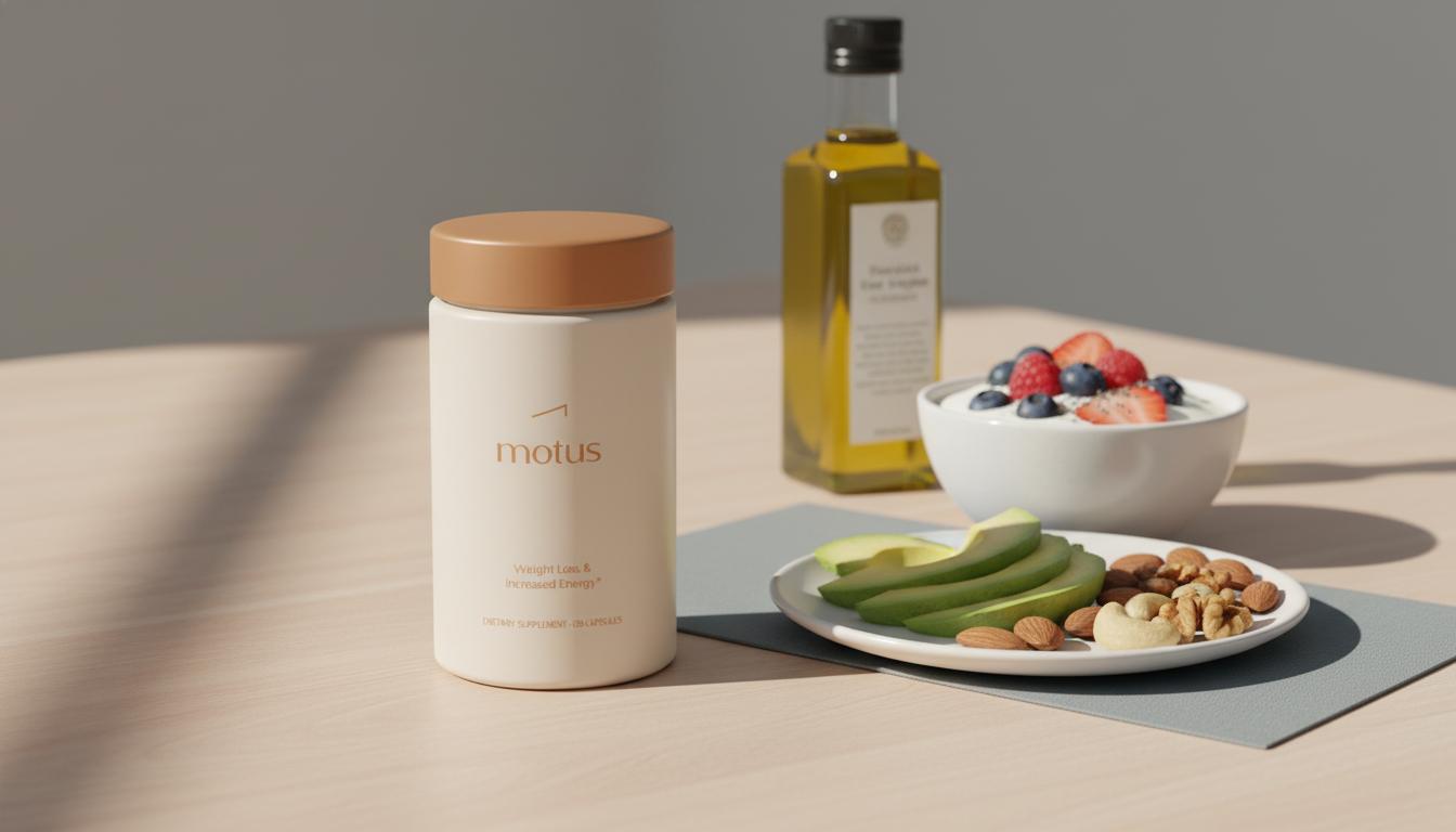 Minimalist still-life of Tonum supplement jar with avocado, nuts, olive oil and yogurt with berries suggesting best time to take CLA with a meal
