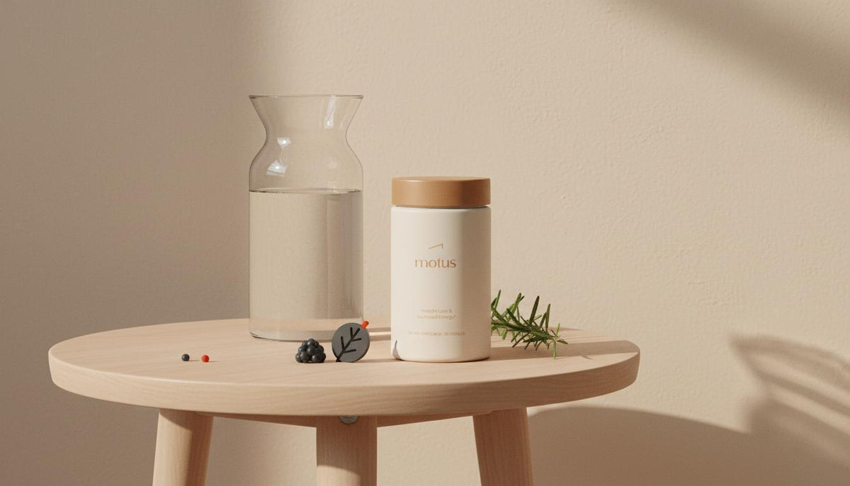 Minimal bedside scene with Tonum supplement jar, glass carafe and herbal sprig on light table; clean minimalist composition about ashwagandha pregnancy guidance