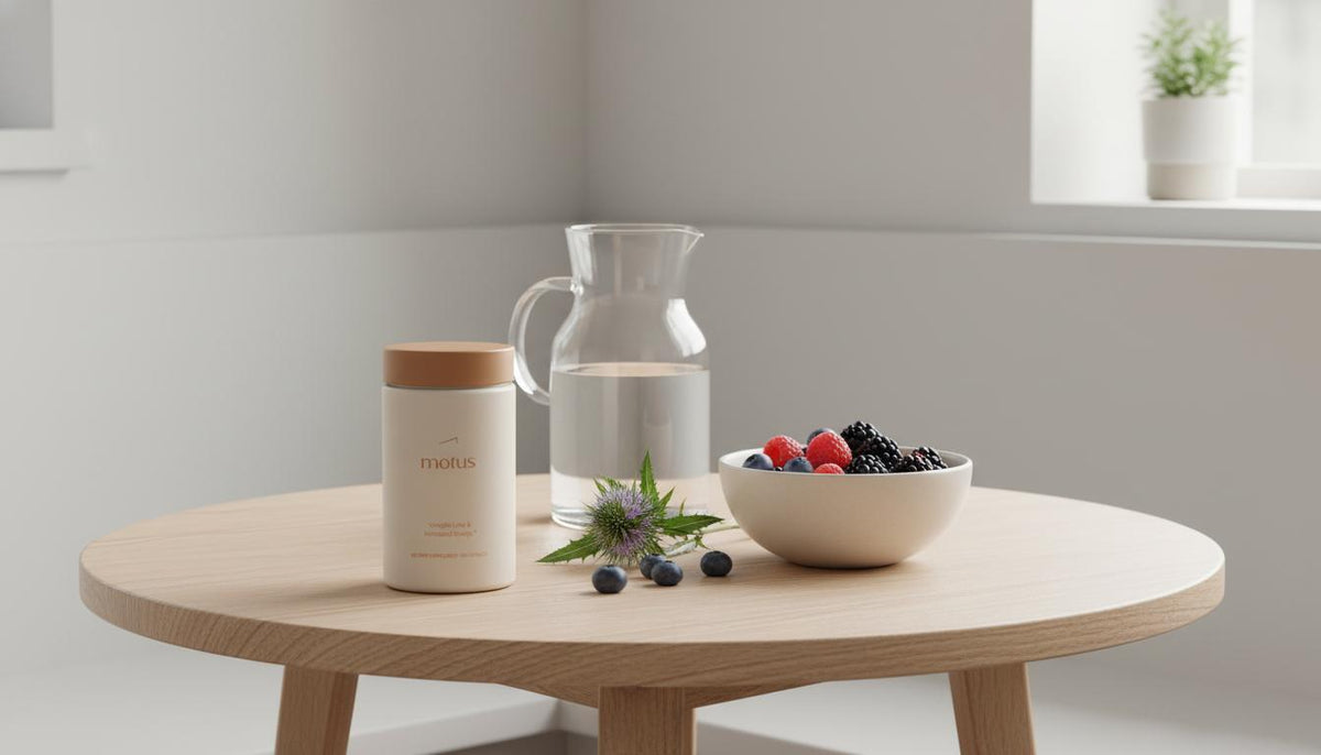 Minimalist breakfast nook with Tonum Motus supplement jar, glass carafe, bowl of mixed berries and milk thistle on a wooden table — how to cleanse your gut for weight loss